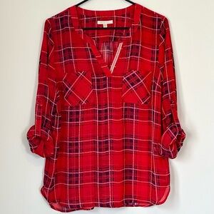 Skies Are Blue Red Sheer Plaid V-Neck Blouse - Size: Large